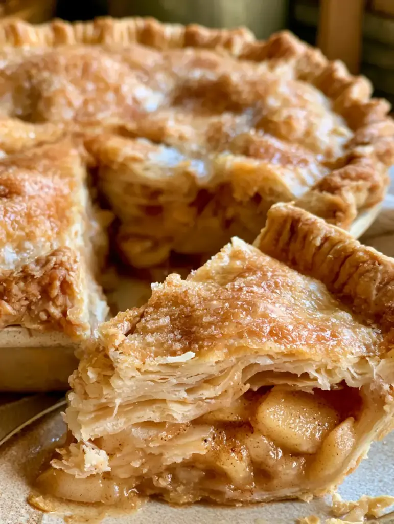 Pie Crust Perfection for the Ultimate Flaky Homemade Apple Pie 1 A slice of apple pie pulled away to reveal the flaky pie crust and gooey apple filling.