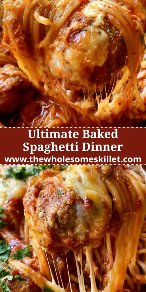 A rustic glass baking dish filled with bubbling spaghetti meatball casserole, topped with melted mozzarella and fresh parsley on a wooden table.