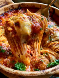 Extreme close-up of a fork pulling a cheesy strand of spaghetti entwined with a savory meatball from a spaghetti meatball casserole.