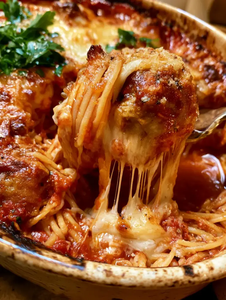 Close-up of browned Parmesan crust and bubbling marinara sauce on a spaghetti meatball casserole.