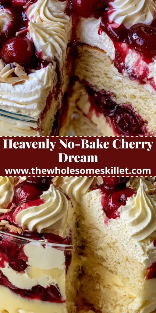 A tall glass trifle dish filled with layers of golden cake, yellow pudding, and piped cream topped with glistening cherries. (cherry dream dessert)