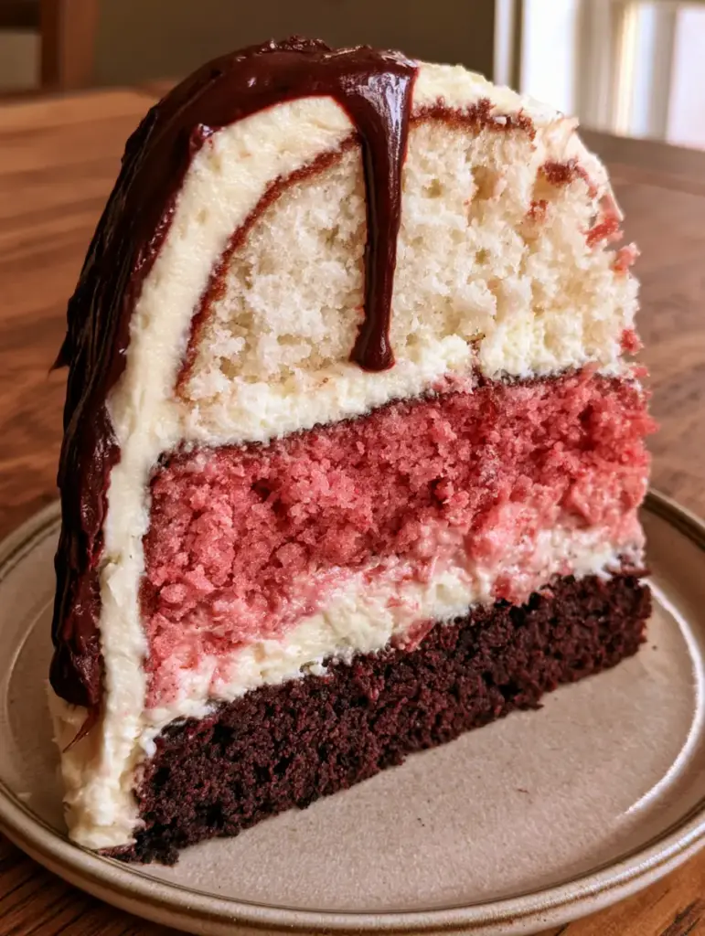 Neapolitan Layer Cake: The Ultimate Triple-Flavor Showstopper 1 Close up of the glossy dark chocolate ganache dripping down a neapolitan layer cake.
