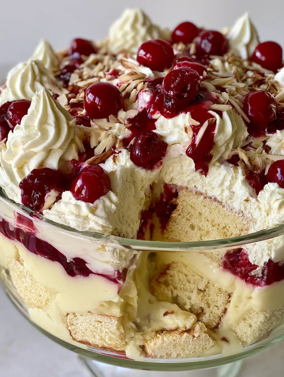 A close-up shot showing the defined layers of cake, pudding, and whipped cream in a cherry dream dessert.