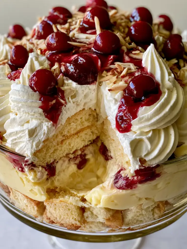 A sliced view of the cherry dream dessert revealing the moist golden cake and glossy cherry filling.