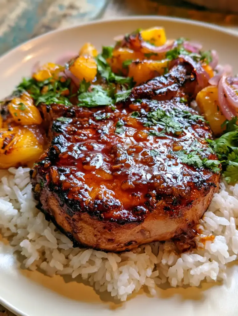 Pineapple Ginger Pork Chops with Caramelized Onions and Jasmine Rice 2 Overhead shot of seared pineapple ginger pork chops showing the rich glaze and caramelized pineapple chunks.