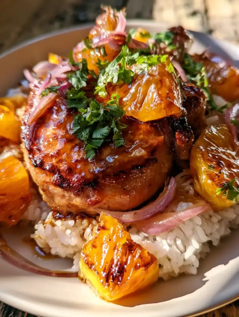 Pineapple Ginger Pork Chops with Caramelized Onions and Jasmine Rice 1 A close-up visual of the sticky glaze and sautéed red onions on a perfectly cooked pork chop.
