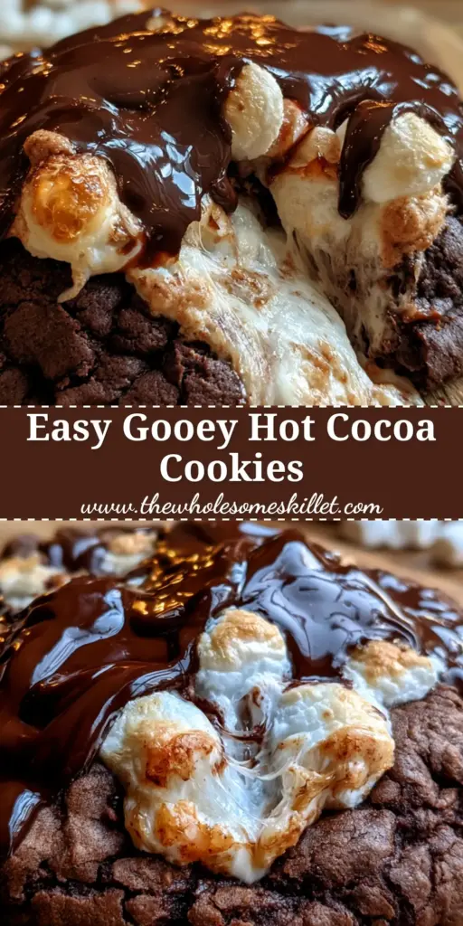 A stack of hot chocolate cookies on a rustic wooden board with gooey marshmallows and chocolate ganache drizzle next to a steaming mug of cocoa.