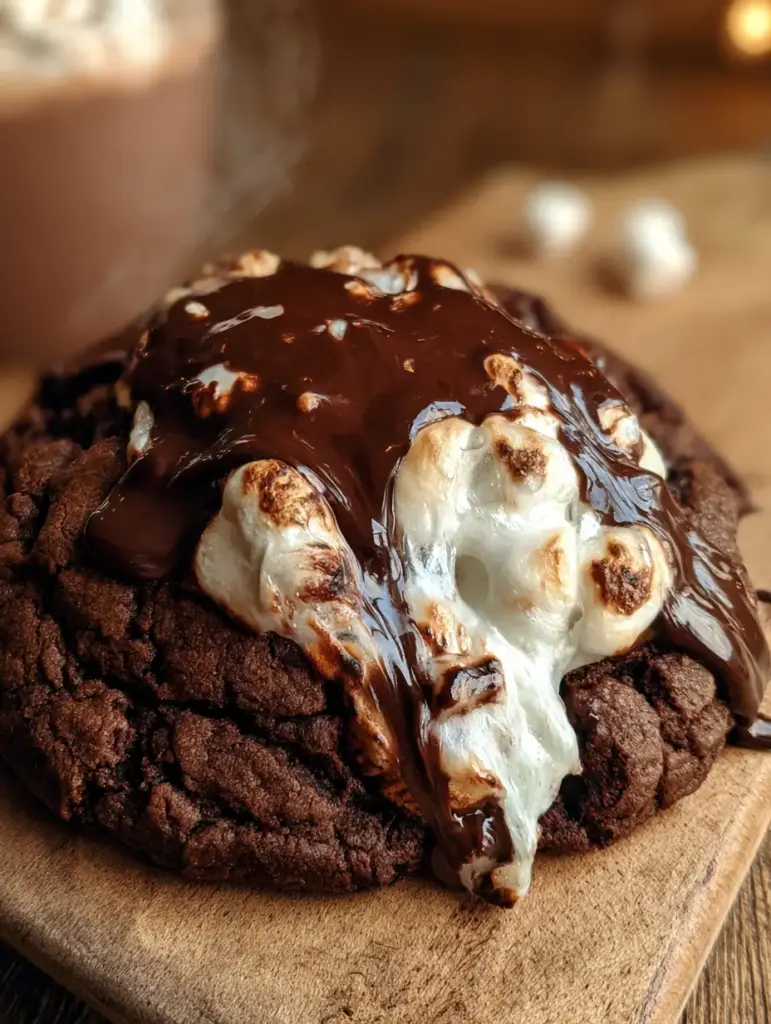 Extreme close-up of hot chocolate cookies showing a deeply crinkled surface and toasted marshmallow edges.