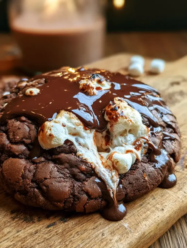A close-up of a hot chocolate cookie being pulled apart, revealing a stretchy gooey mini marshmallow center.