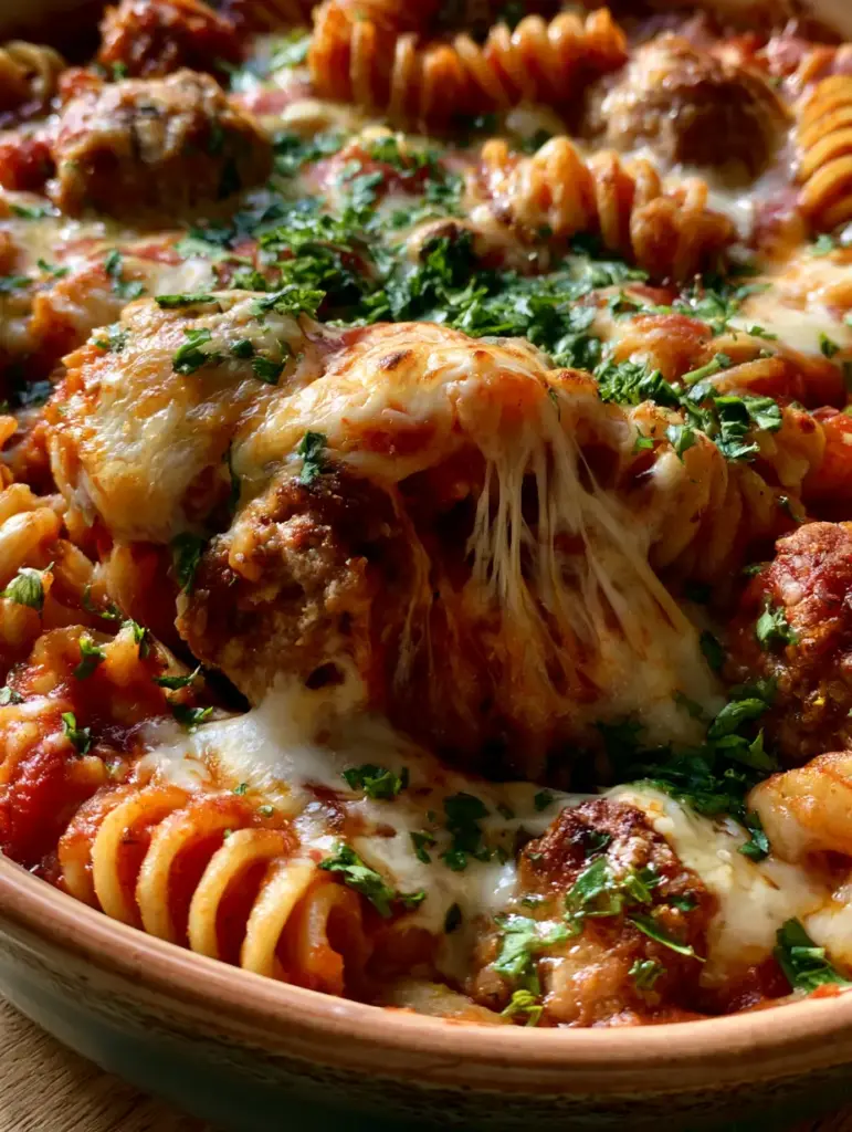 Meatball Pasta Bake: The Ultimate Cheesy Comfort Food 2 Top-down close-up of a meatball pasta bake showing golden mozzarella cheese pulls and fresh parsley garnish.