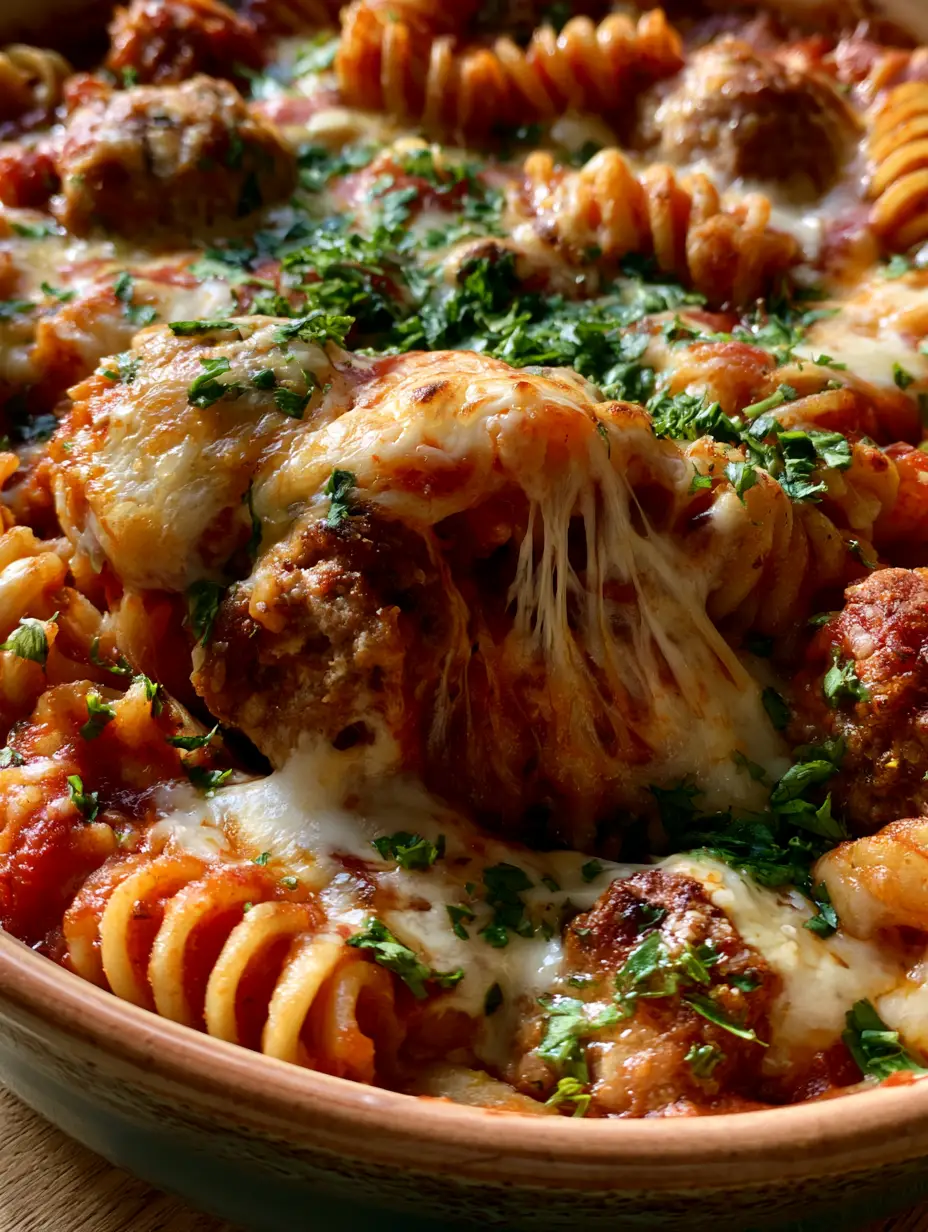 Meatball Pasta Bake: The Ultimate Cheesy Comfort Food 3 Top-down close-up of a meatball pasta bake showing golden mozzarella cheese pulls and fresh parsley garnish.