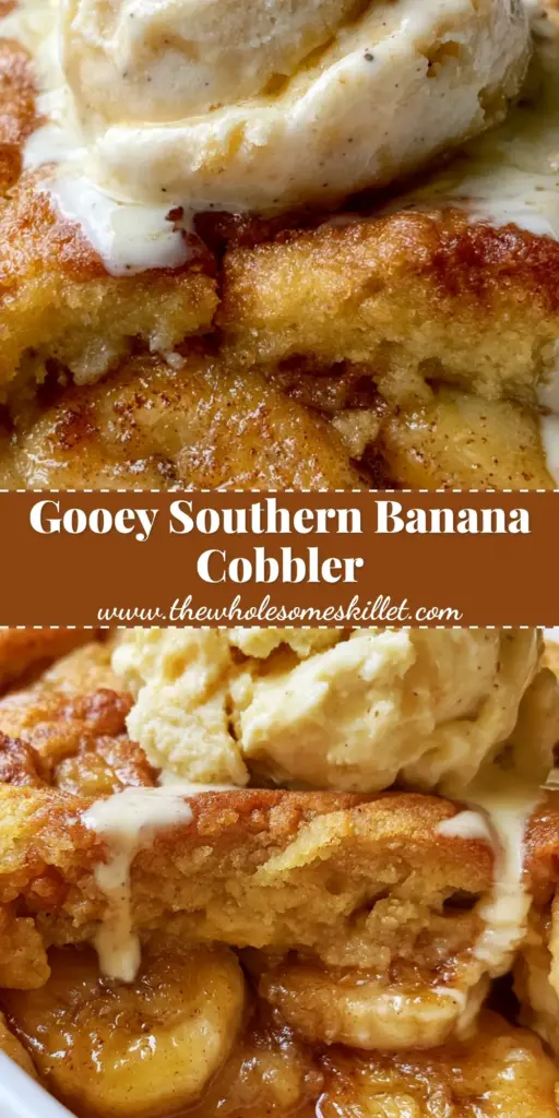 Banana Cobbler with Cinnamon Brown Sugar Glaze and Buttery Cake Crust 4 A warm banana cobbler in a white ceramic dish topped with a large scoop of melting vanilla bean ice cream. (banana cobbler)