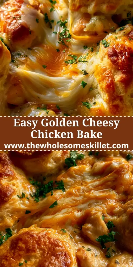 Chicken Biscuit Bake with Gooey Cheese and Golden Crust 4 A top-down view of a steaming chicken biscuit bake in a white ceramic dish with golden biscuits and melted cheese.
