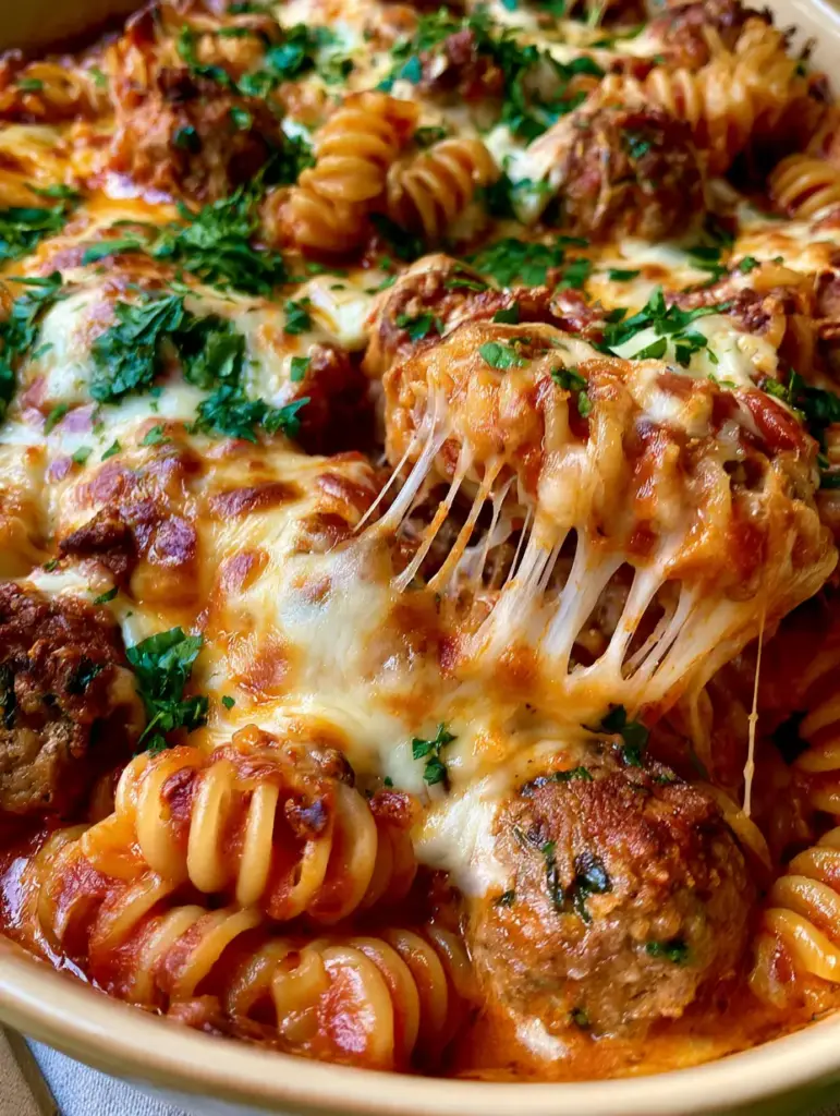 Meatball Pasta Bake: The Ultimate Cheesy Comfort Food 1 Steaming meatball pasta bake with rotini pasta and browned meatballs in a red sauce.