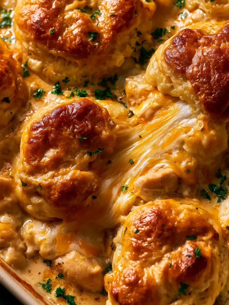 Chicken Biscuit Bake with Gooey Cheese and Golden Crust 1 A serving of chicken biscuit bake showing visible chunks of chicken and creamy white sauce.