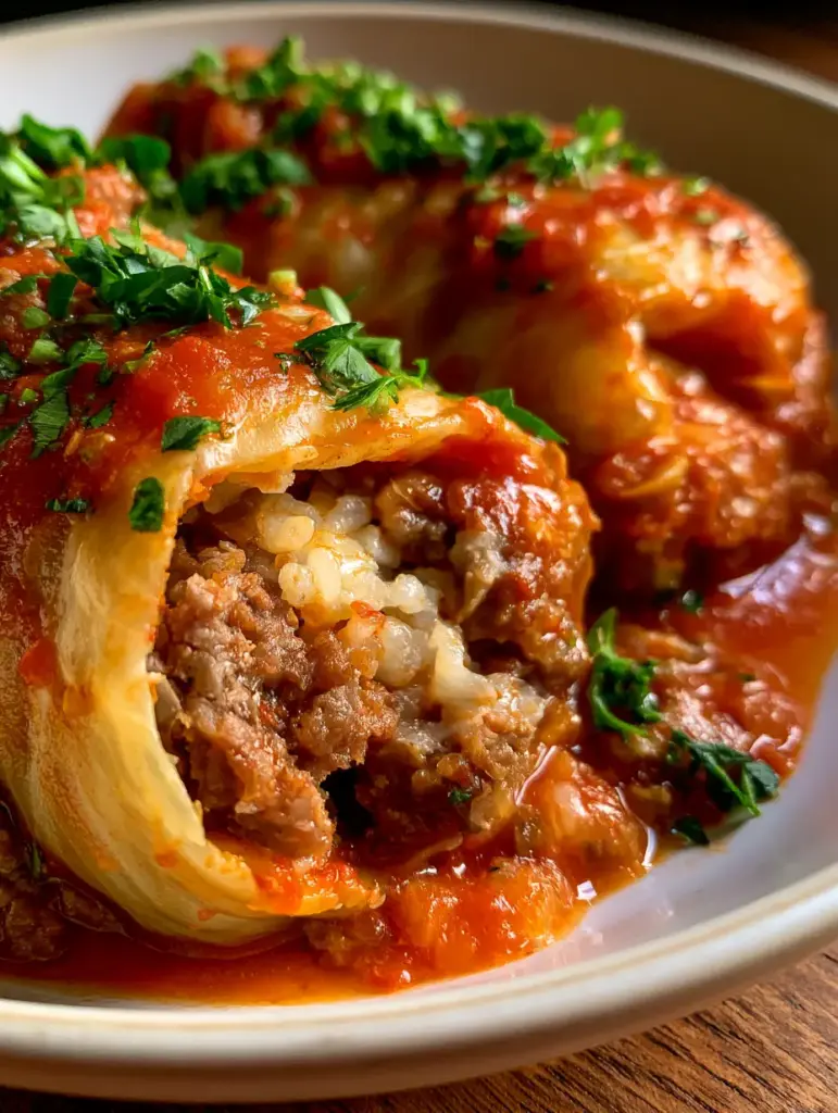 Stuffed Cabbage Rolls with Savory Ground Beef and Fluffy Rice 2 A close-up shot of two stuffed cabbage rolls on a white plate, showing the rich red tomato sauce and rising steam.