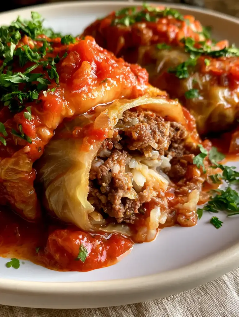 Stuffed Cabbage Rolls with Savory Ground Beef and Fluffy Rice 1 A sliced stuffed cabbage roll revealing the internal layers of savory ground beef and fluffy white rice.