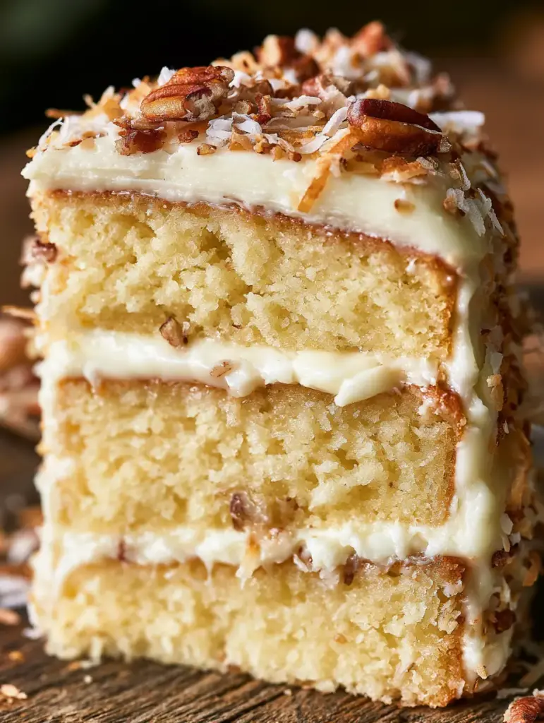 Close-up of a perfectly sliced Italian Cream Cake with toasted coconut and candied pecans on a rustic wooden table. (italian cream cake)