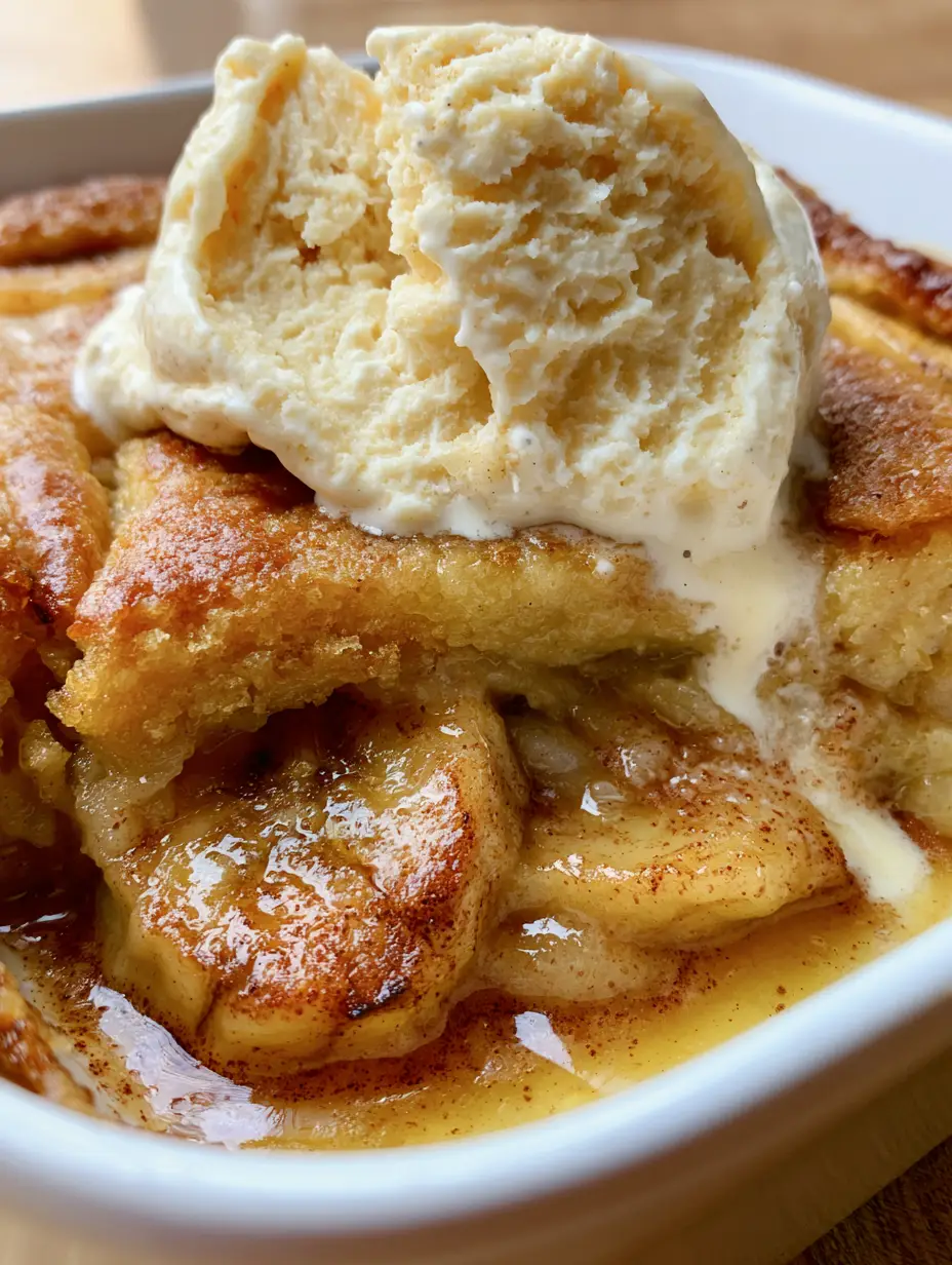 Banana Cobbler with Cinnamon Brown Sugar Glaze and Buttery Cake Crust 3 Extreme close up cross-section of a warm banana cobbler showing caramelized bananas and golden syrup. (banana cobbler)