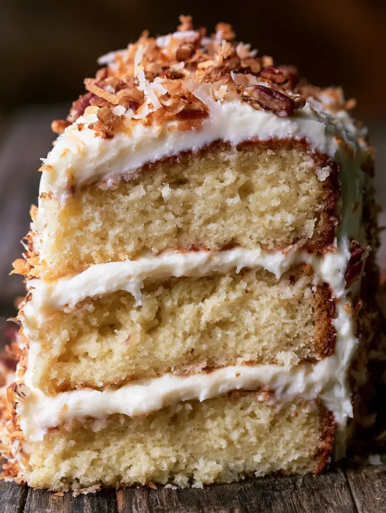 Italian Cream Cake: The Ultimate Three-Layer Southern Masterpiece 1 Side view of an Italian Cream Cake highlighting the texture of toasted shredded coconut and finely chopped candied pecans.