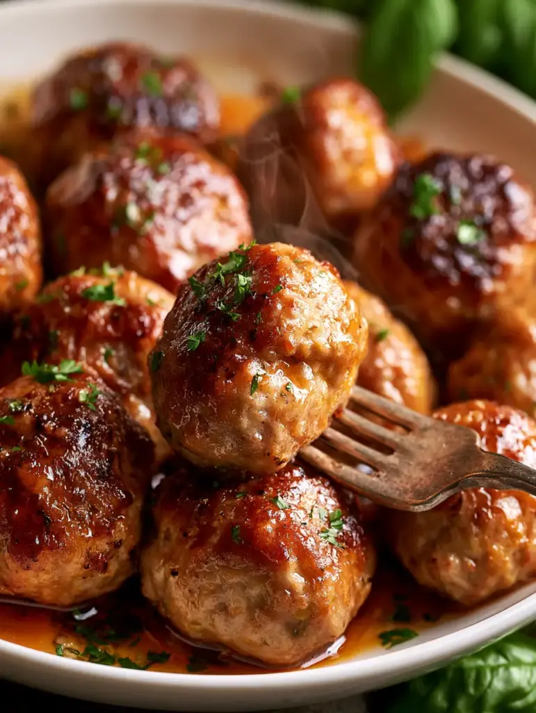 Meatball Recipe: How to Make Perfectly Seared, Juicy Meatballs with Rich Pan Juices 1 Close up of meatballs glistening with pan juices and topped with finely chopped parsley.