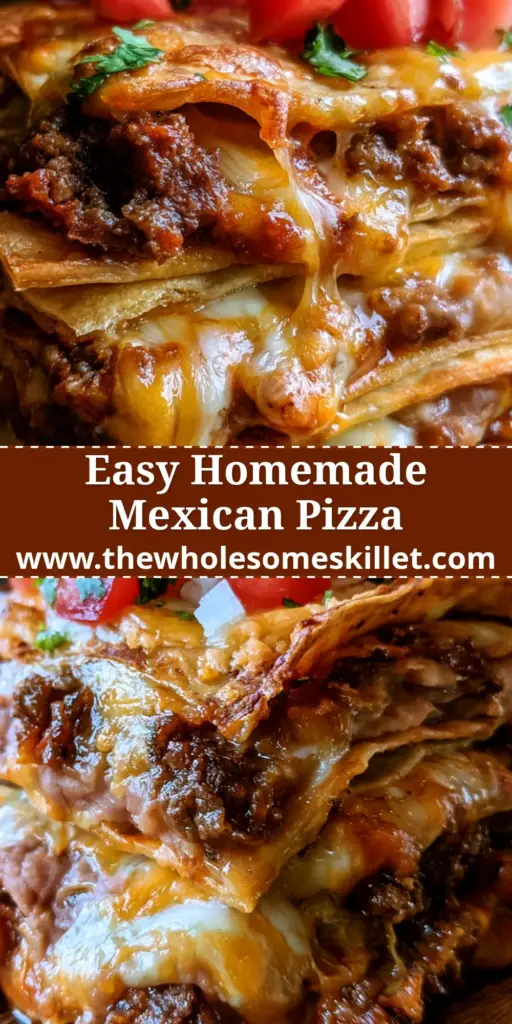 A towering slice of homemade mexican pizza showing layers of crispy tortilla, beef, beans, and melted cheese on a wooden board.