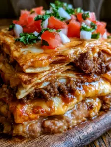 Extreme close-up of a stacked mexican pizza slice with visible steam and fresh cilantro garnish.