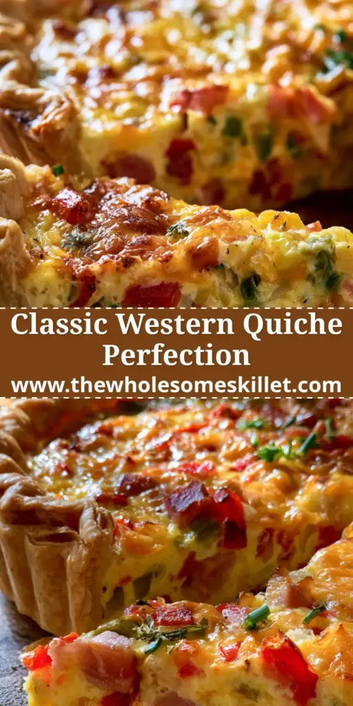 Breakfast Quiche: The Ultimate Western Style Ham and Pepper Recipe 4 A close-up view of a golden breakfast quiche with ham, peppers, and melted cheese on a rustic board.