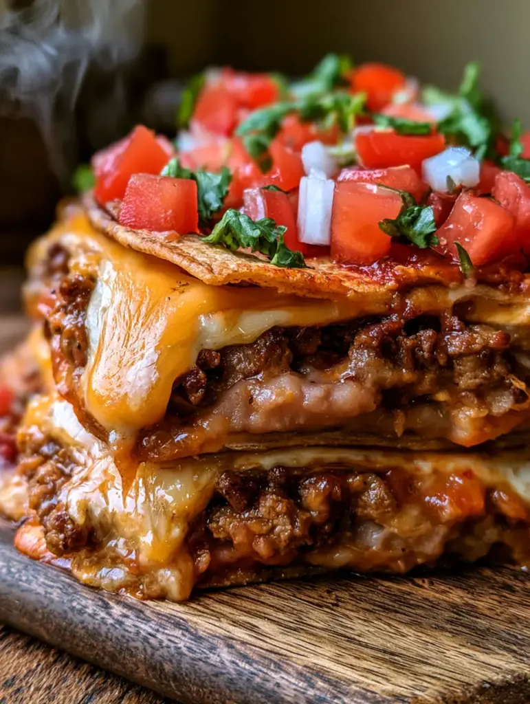 A side view of the mexican pizza showing the seasoned beef and creamy beans between golden tortillas.