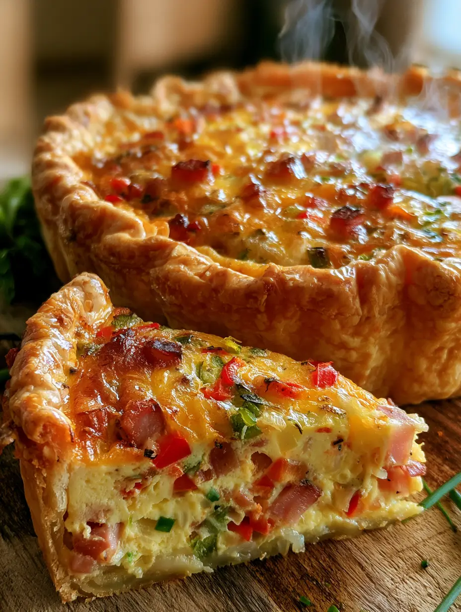 Breakfast Quiche: The Ultimate Western Style Ham and Pepper Recipe 3 Top-down shot of a freshly baked breakfast quiche with steam rising and vibrant red and green peppers.