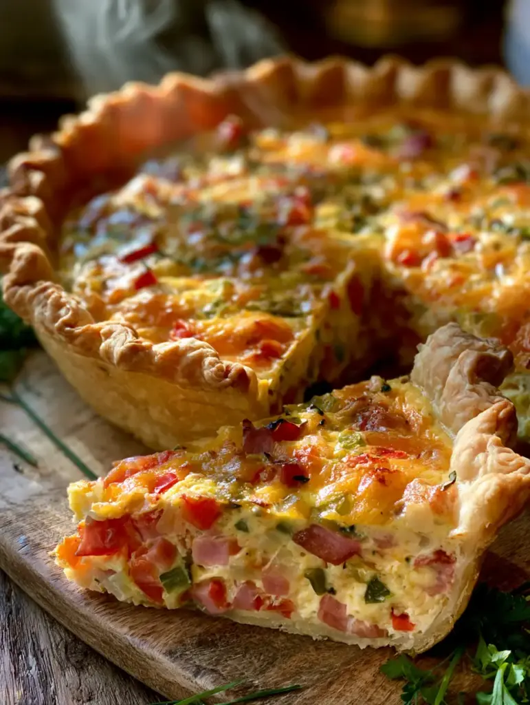 Breakfast Quiche: The Ultimate Western Style Ham and Pepper Recipe 1 A slice of breakfast quiche showing the fluffy egg layers, diced ham, and peppers inside a crisp crust.
