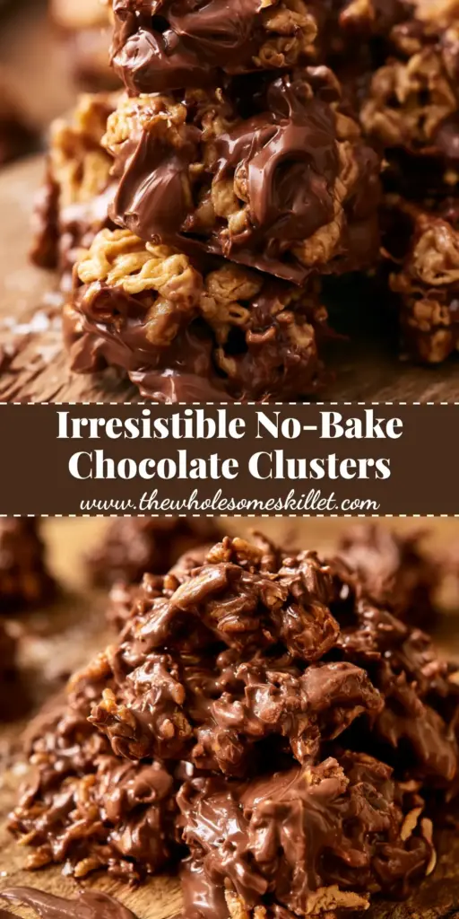 A stack of glistening chocolate peanut butter clusters with visible noodles and sea salt on a rustic board. (chocolate peanut butter clusters)