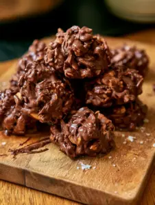 Macro overhead shot showing the texture of chocolate peanut butter clusters with sea salt. (chocolate peanut butter clusters)