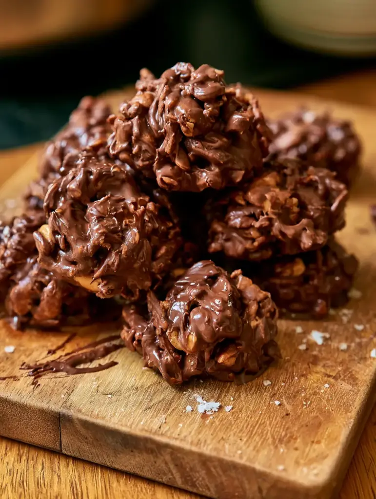 Macro overhead shot showing the texture of chocolate peanut butter clusters with sea salt. (chocolate peanut butter clusters)