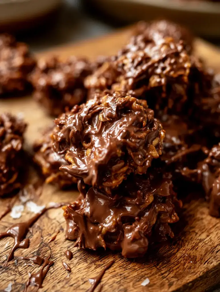 Chunky chocolate peanut butter clusters artfully piled on a rustic wooden board with soft kitchen lighting.