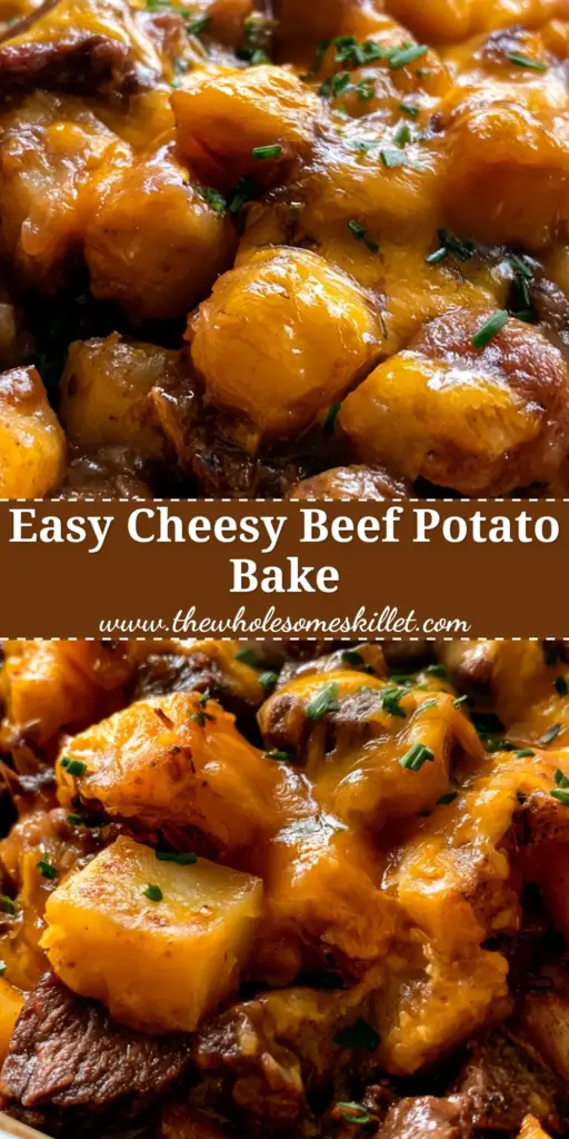 Beef Potato Bake: The Ultimate Slow Cooker Comfort Food Guide 4 A rustic ceramic dish filled with a layered beef potato bake featuring melted sharp cheddar, golden potatoes, and succulent beef cubes topped with chives.