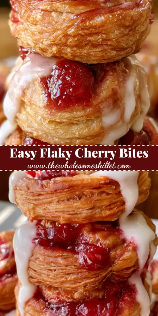 Cherry Dessert Bites with Flaky Pastry and Vanilla Glaze 4 A towering stack of flaky cherry dessert bites with ruby-red filling and white vanilla glaze.