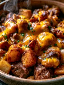Close up overhead shot of slow cooker beef potato bake with steam rising and melted cheese (beef potato bake)