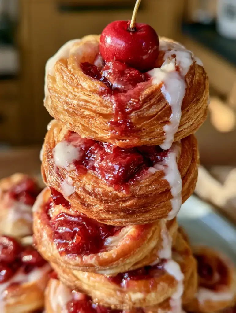 Extreme close-up of cherry dessert bites showing crisp golden-brown pastry layers and glossy filling.
