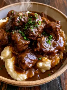 Overhead close-up of glistening beef tips with dark brown gravy, fresh chives, and cracked black pepper in a ceramic bowl.