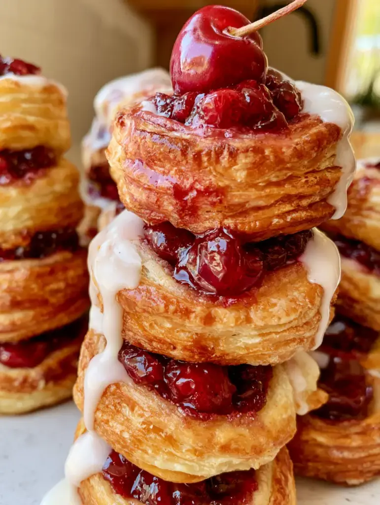 Cherry Dessert Bites with Flaky Pastry and Vanilla Glaze 1 High-angle shot of a stack of mini cherry danishes with thick white glaze and a fresh cherry on top.
