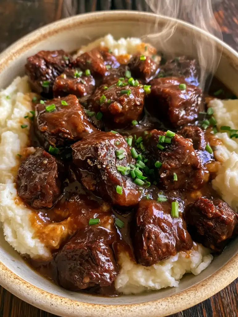 Steam rising from a bowl of beef tips and gravy on fluffy mashed potatoes with chives.