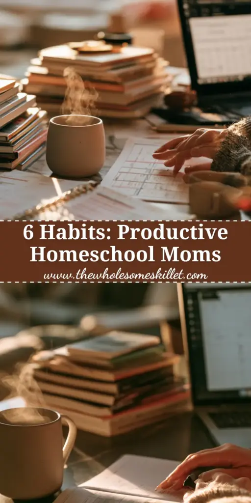 Homeschool Moms Habits: The Ultimate Calming Vanilla Bean London Fog Latte Recipe 4 Overhead view of an organized homeschool desk with a planner, ceramic mug, and laptop illustrating homeschool moms habits.