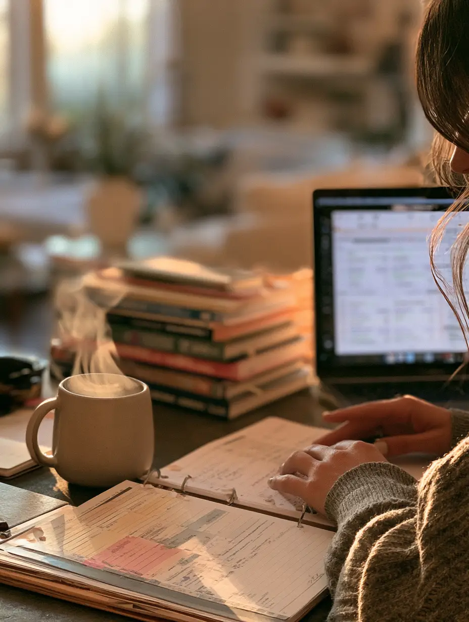 Homeschool Moms Habits: The Ultimate Calming Vanilla Bean London Fog Latte Recipe 3 Close-up of a steaming London Fog Latte in a minimalist mug on a desk, representing key homeschool moms habits.