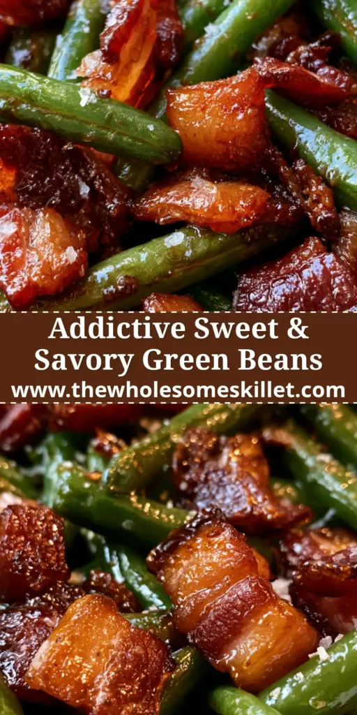 Glazed Green Beans with Crispy Bacon and Sea Salt 4 A close-up of glazed green beans coated in a sticky brown glaze with crispy bacon chunks and sea salt flakes.