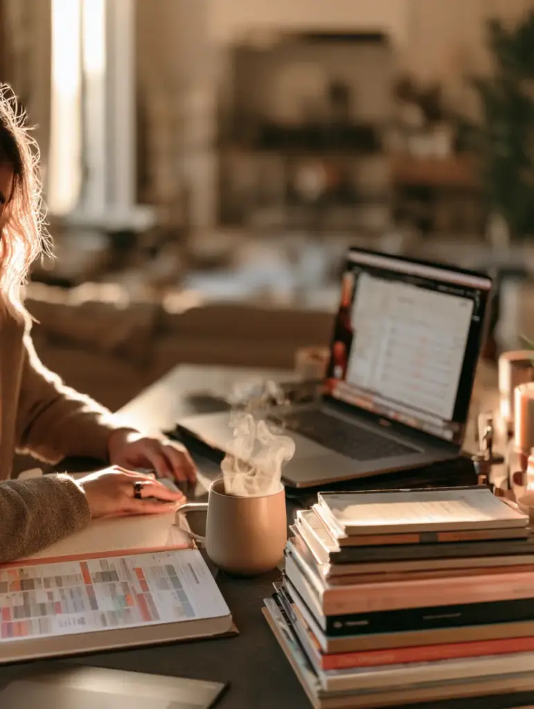 Homeschool Moms Habits: The Ultimate Calming Vanilla Bean London Fog Latte Recipe 1 A woman's hands poised over a color-coded planner next to a ceramic mug, showcasing daily homeschool moms habits.