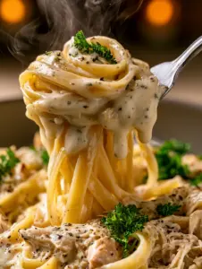 Extreme close-up of a fork lifting glistening fettuccine with dripping white sauce. (chicken alfredo)