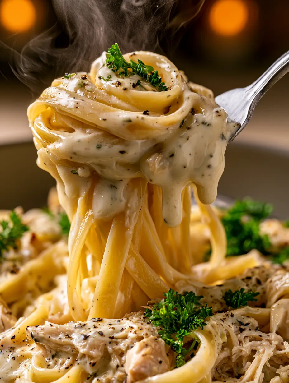 Chicken Alfredo with Tender Shredded Chicken and Velvety Garlic Cream Sauce 3 Extreme close-up of a fork lifting glistening fettuccine with dripping white sauce. (chicken alfredo)