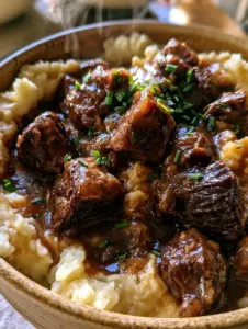 Close-up of a rustic ceramic bowl with golden mashed potatoes and seared beef bites. (beef bites)