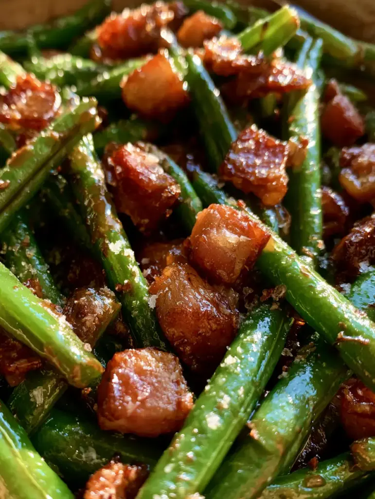 Glazed Green Beans with Crispy Bacon and Sea Salt 2 Close-up of vibrant green beans in a glistening caramel-brown glaze with irregular bacon pieces.